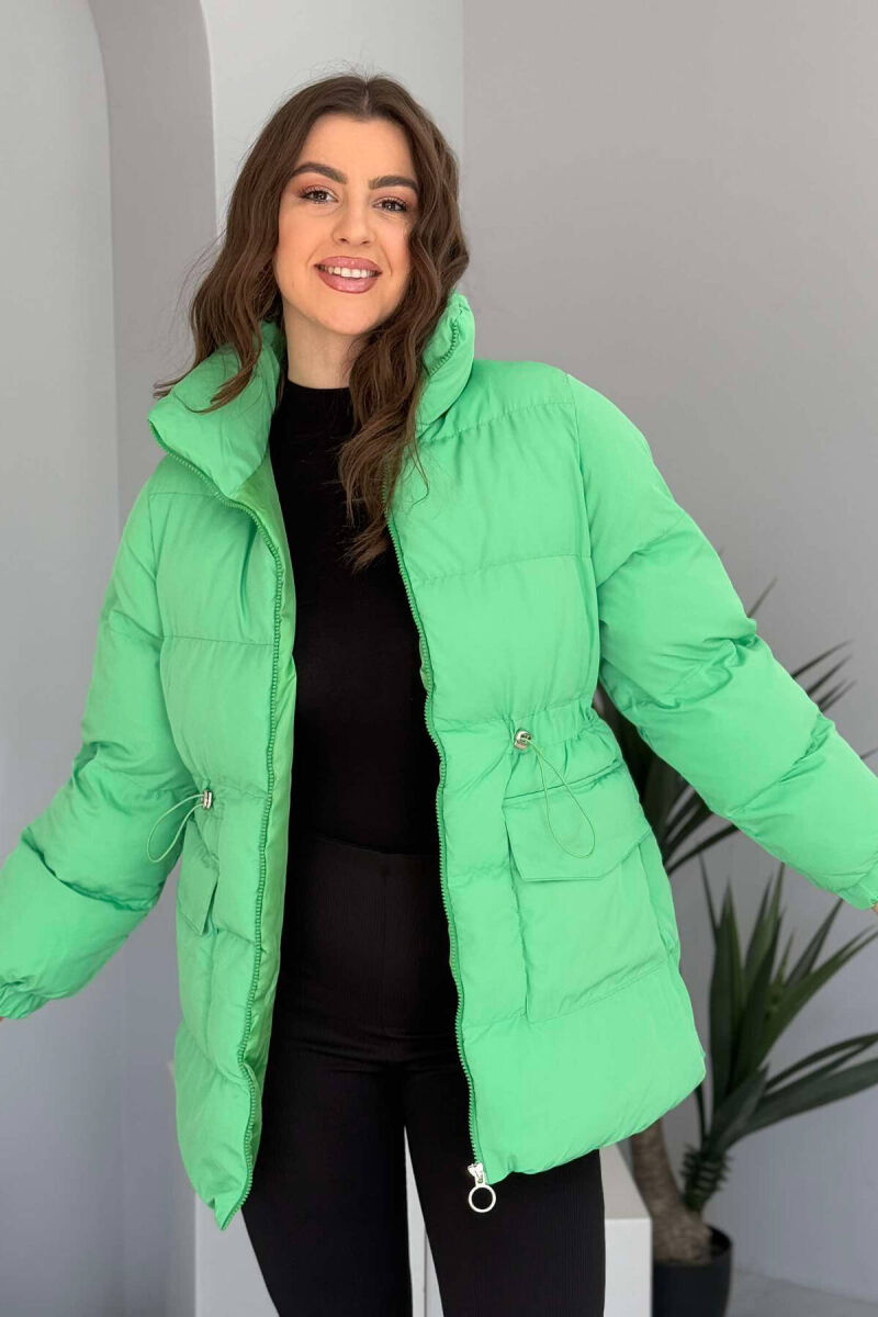 HIGH NECK WOMEN PUFFER JACKET IN LIGHT GREEN COLOR - 1