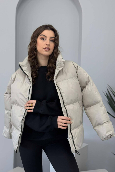 HIGH NECK WOMEN PUFFER JACKET IN LIGHT GREY COLOR - 2