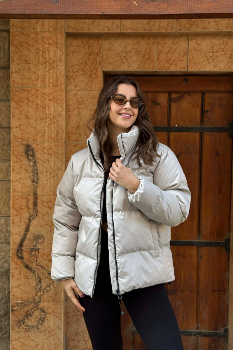 HIGH NECK WOMEN PUFFER JACKET LIGHT GREY/GZ - KLAUDIO FASHION