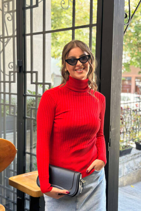 HIGH NECK WOMEN SWEATER IN RED COLOR - 2