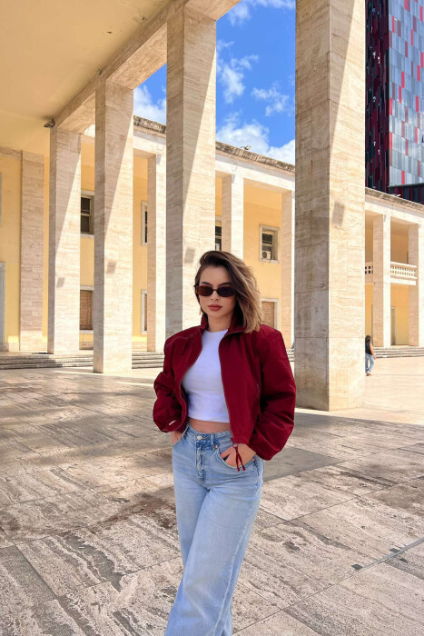 HIGH NECK ZIPPER POCKETS WOMEN JACKET BURGUNDY/VISHNJE - 1