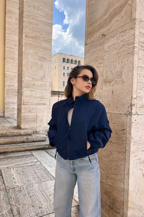 HIGH NECK ZIPPER POCKETS WOMEN JACKET DARK BLUE/BEE 