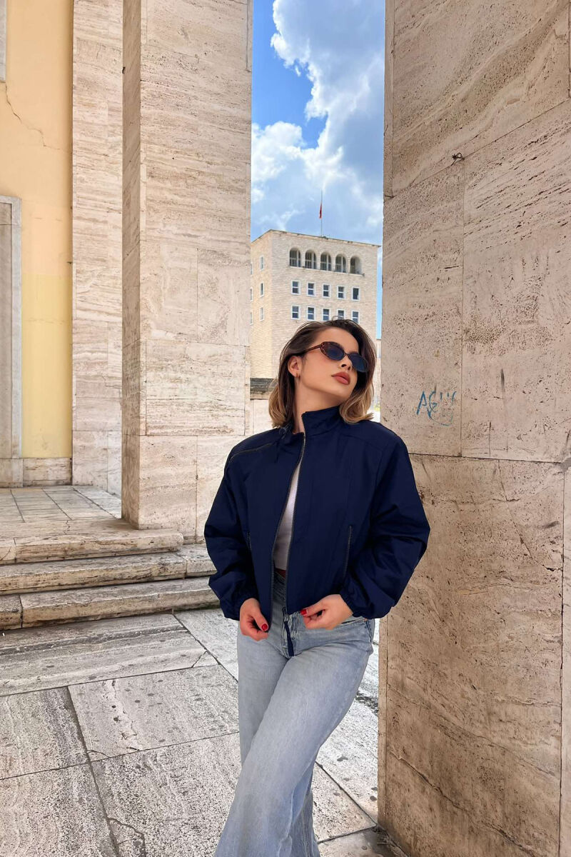 HIGH NECK ZIPPER POCKETS WOMEN JACKET DARK BLUE/BEE - 2