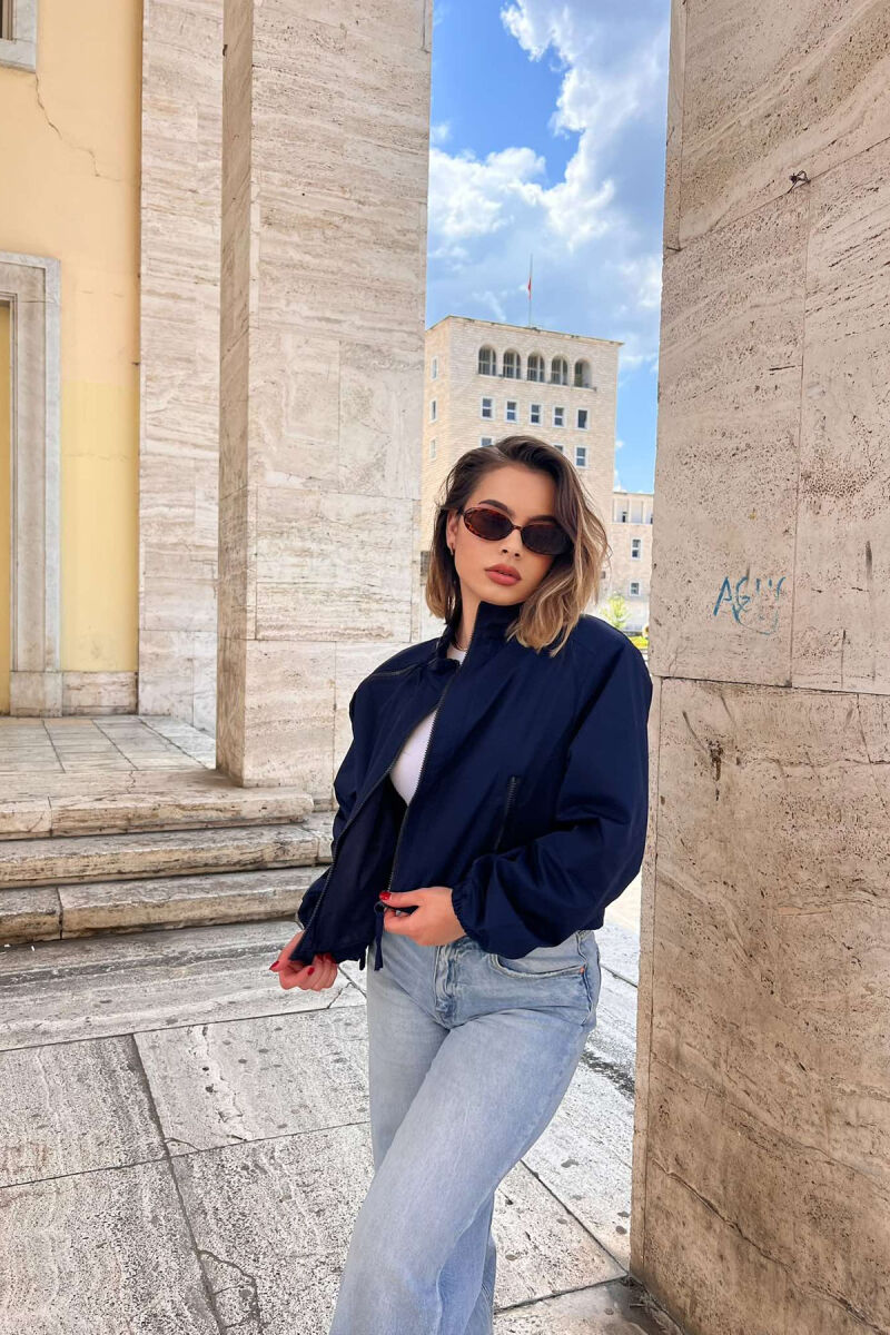 HIGH NECK ZIPPER POCKETS WOMEN JACKET DARK BLUE/BEE - 3