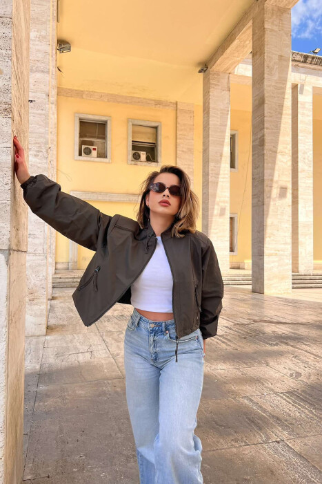 HIGH NECK ZIPPER POCKETS WOMEN JACKET GREEN/JESHILE 