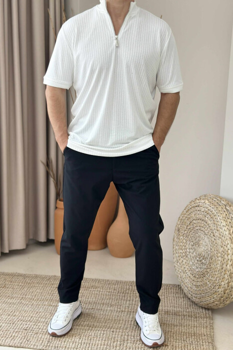 HIGH NECK ZIPPERED MEN T-SHIRT WHITE-E BARDHE - KLAUDIO FASHION