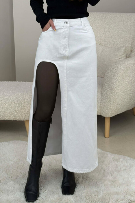 HIGH SPLIT LONG DENIM WOMEN SKIRT WHITE-E BARDHE - KLAUDIO FASHION