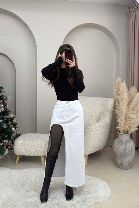 HIGH SPLIT LONG DENIM WOMEN SKIRT WHITE-E BARDHE - KLAUDIO FASHION