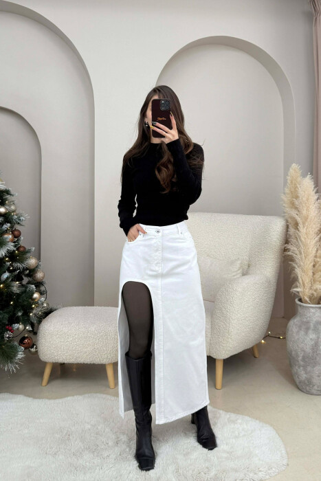 HIGH SPLIT LONG DENIM WOMEN SKIRT WHITE-E BARDHE - 2