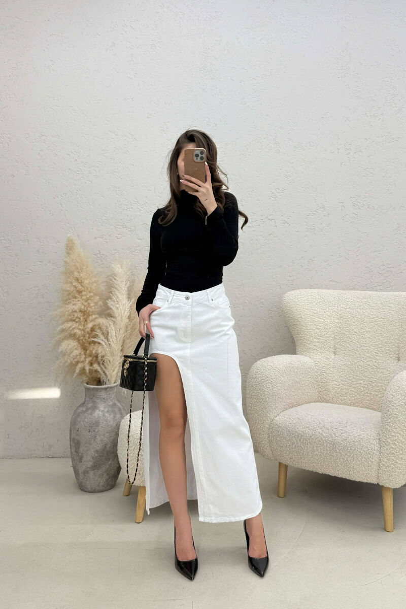 HIGH SPLIT LONG DENIM WOMEN SKIRT WHITE-E BARDHE - 1