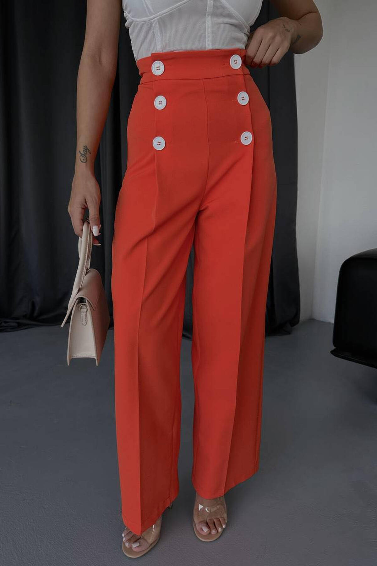 HIGH WAIST BUTTON WOMAN TROUSERS ORANGE PORTOKALLI TROUSERS KLAUDIO FASHION EL 8641