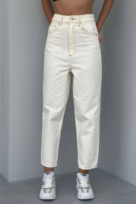 HIGH WAIST WIDE LEG WOMEN JEANS CREAM/KREM - KLAUDIO FASHION