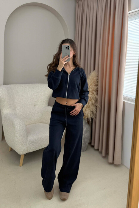 HOOD CROPPED JACKET+SWEATPANTS SIMPLE WOMEN SET DARK BLUE/BEE - 1