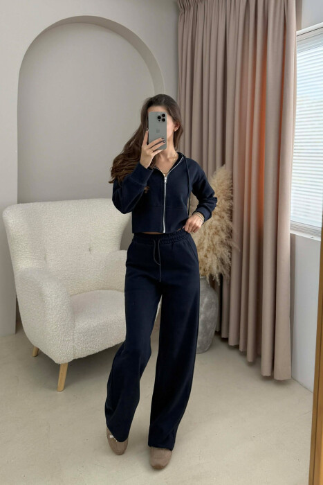HOOD CROPPED JACKET+SWEATPANTS SIMPLE WOMEN SET DARK BLUE/BEE - 2