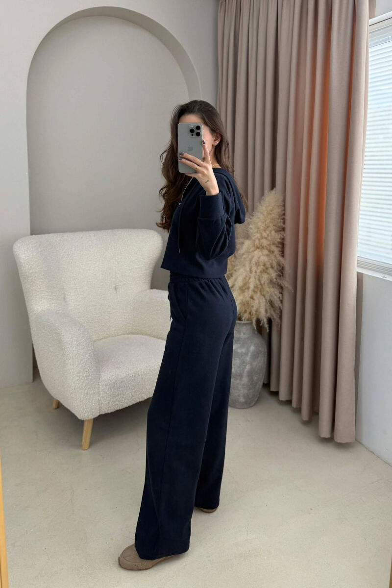 HOOD CROPPED JACKET+SWEATPANTS SIMPLE WOMEN SET DARK BLUE/BEE - 3