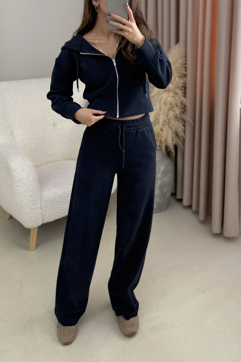 HOOD CROPPED JACKET+SWEATPANTS SIMPLE WOMEN SET DARK BLUE/BEE - 4