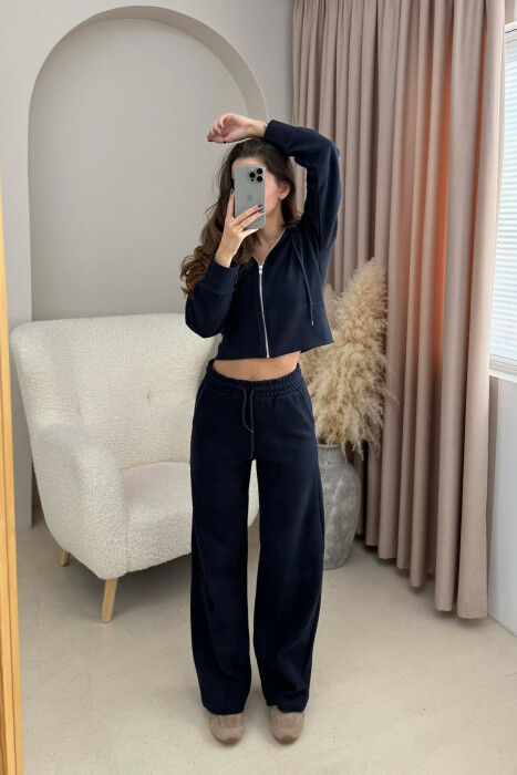 HOOD CROPPED JACKET+SWEATPANTS SIMPLE WOMEN SET DARK BLUE/BEE - 5