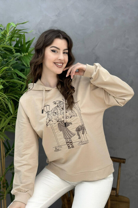 HOOD IMAGE COTTON WOMAN SWEATSHIRT CREAM/KREM 