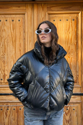 HOOD LEATHER WOMAN PUFFER JACKET BLACK/ E ZEZE 