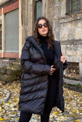 HOOD LONG WOMAN PUFFER JACKET BLACK/ E ZEZE 