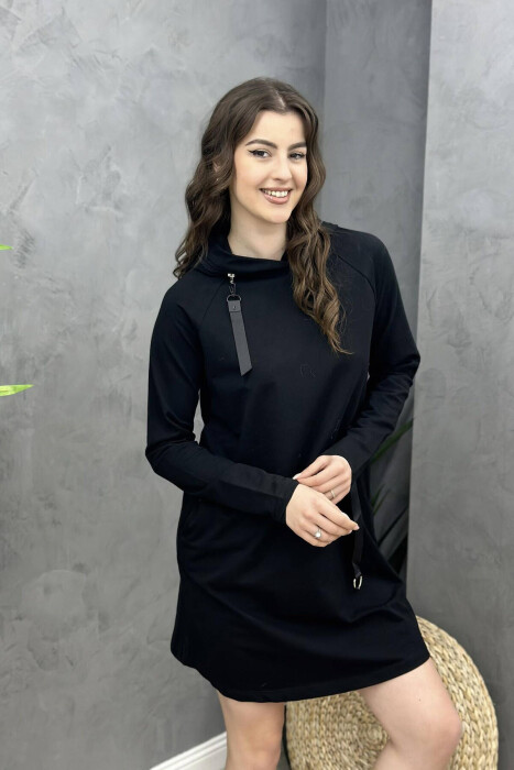 HOOD ONE COLOR SIMPLE WOMAN DRES BLACK/ E ZEZE 