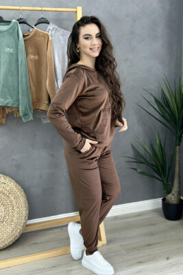 HOOD ONE COLOR SIMPLE WOMAN VELVET SUIT BROWN/KAFE 