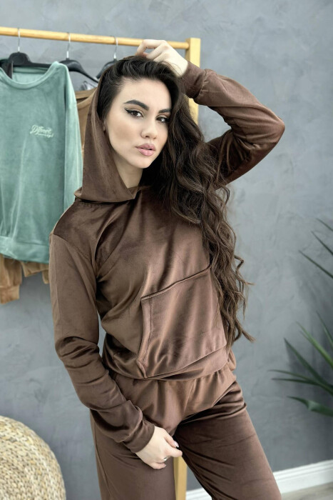 HOOD ONE COLOR SIMPLE WOMAN VELVET SUIT BROWN/KAFE - 3