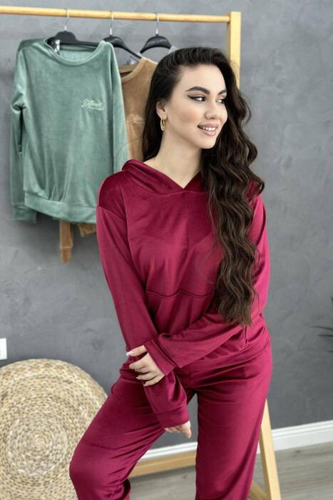 HOOD ONE COLOR SIMPLE WOMAN VELVET SUIT BURGUNDY/VISHNJE - 2