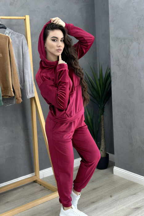 HOOD ONE COLOR SIMPLE WOMAN VELVET SUIT BURGUNDY/VISHNJE - 4