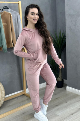 HOOD ONE COLOR SIMPLE WOMAN VELVET SUIT POWDER/PUDER 