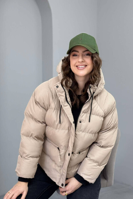 HOODED ONE COLOR WOMEN PUFFER JACKET IN BEIGE COLOR 