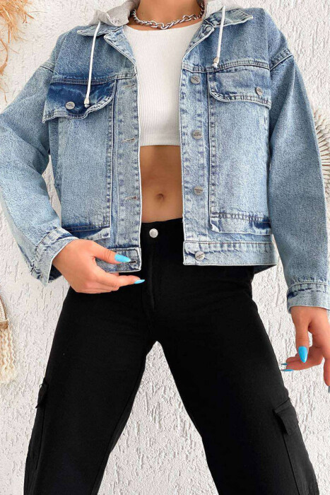 HOOD POCKET DENIM WOMAN JACKET LIGHTBLUE/BZ - KLAUDIO FASHION