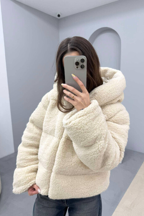 HOOD SHEEPSKIN WOMEN JACKET IN BEIGE COLOR - 2