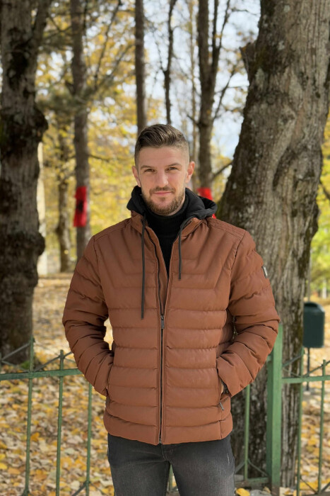 HOOD SIMPLE SHORT MEN PUFFER JACKET BROWN/KAFE - 1