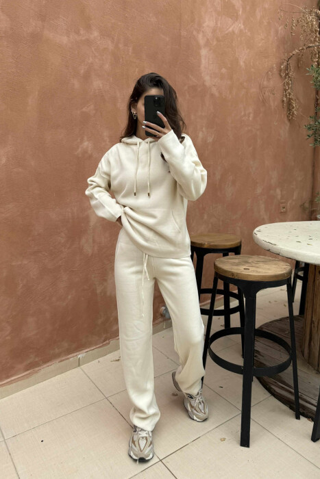 HOOD SWEATER+TROUSERS ONE COLOR KNIT WOMAN SET CREAM/KREM - 1