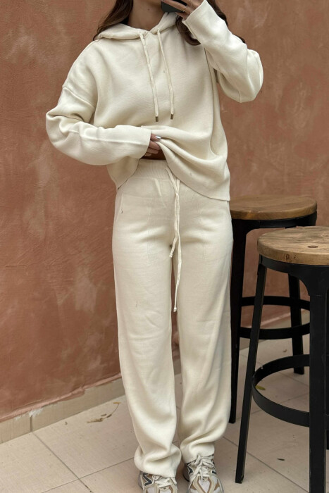 HOOD SWEATER+TROUSERS ONE COLOR KNIT WOMAN SET CREAM/KREM - 3