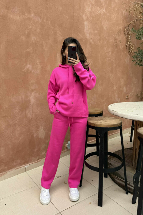 HOOD SWEATER+TROUSERS ONE COLOR KNIT WOMAN SET FUCHSIA/CIKLAMI 