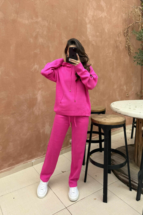 HOOD SWEATER+TROUSERS ONE COLOR KNIT WOMAN SET FUCHSIA/CIKLAMI - 2