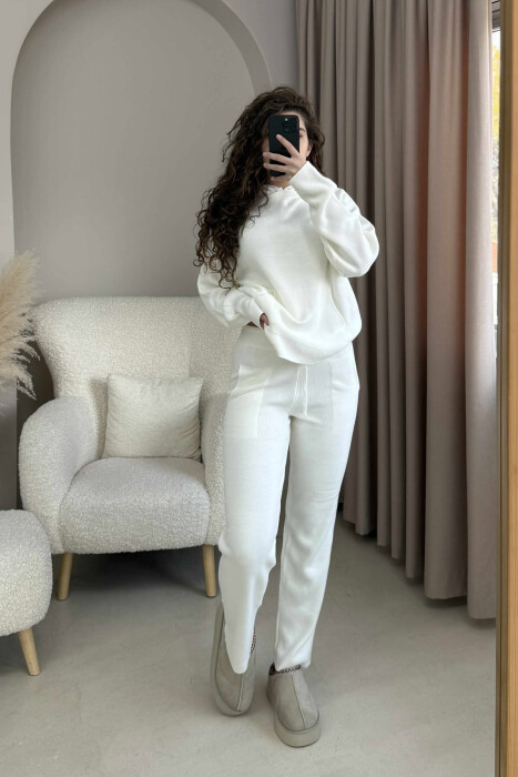 HOOD SWEATER+TROUSERS ONE COLOR KNIT WOMAN SET WHITE-E BARDHE - 