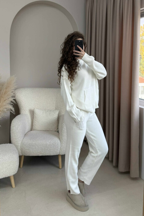 HOOD SWEATER+TROUSERS ONE COLOR KNIT WOMAN SET WHITE-E BARDHE - 3