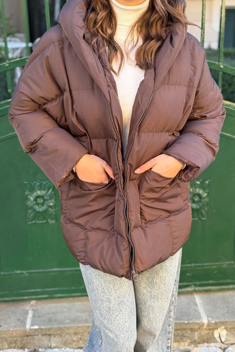 HOOD TWO POCKETS WOMAN PUFFER JACKET BROWN/KAFE - 5