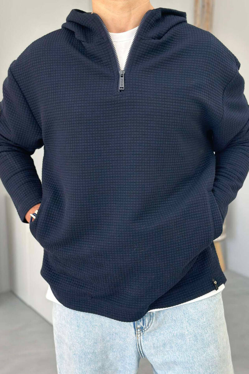 HOOD ZIPPER ONE COLOR MEN HOODIE DARK BLUE/BEE - 1