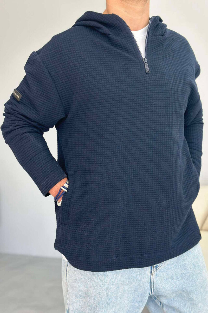 HOOD ZIPPER ONE COLOR MEN HOODIE DARK BLUE/BEE - 2