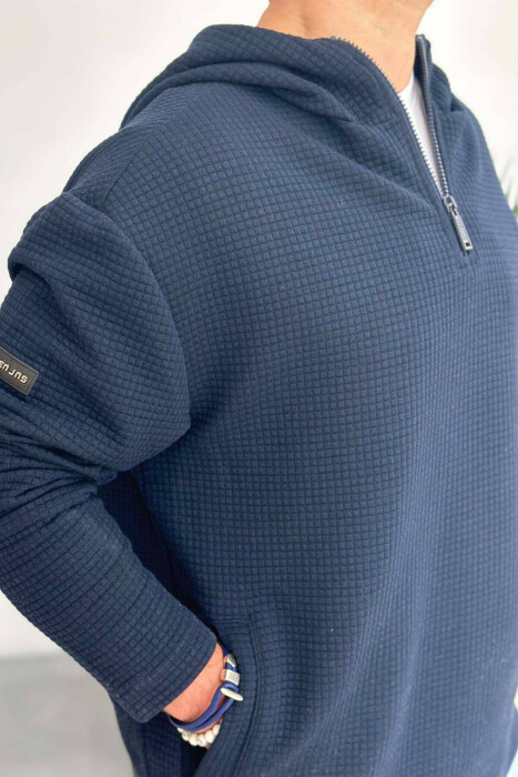HOOD ZIPPER ONE COLOR MEN HOODIE DARK BLUE/BEE - 3