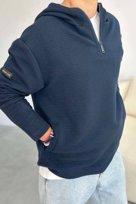 HOOD ZIPPER ONE COLOR MEN HOODIE DARK BLUE/BEE - 5