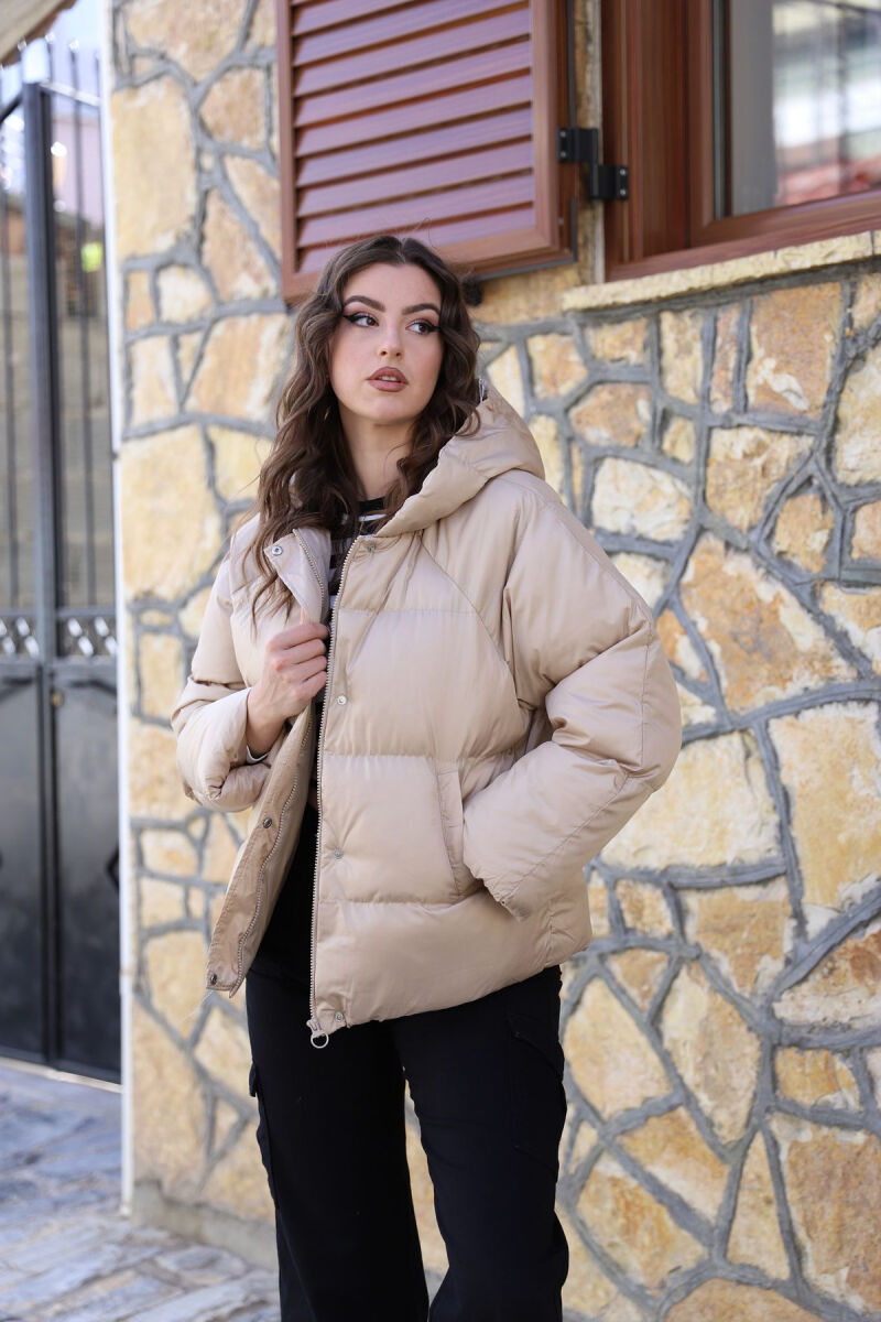 HOOD ZIPPER ONE COLOR WOMAN PUFFER JACKET BEIGE/BEZHE - 4