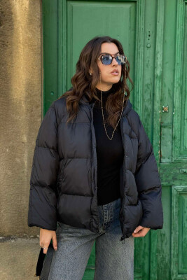 HOOD ZIPPER ONE COLOR WOMAN PUFFER JACKET BLACK/ E ZEZE 