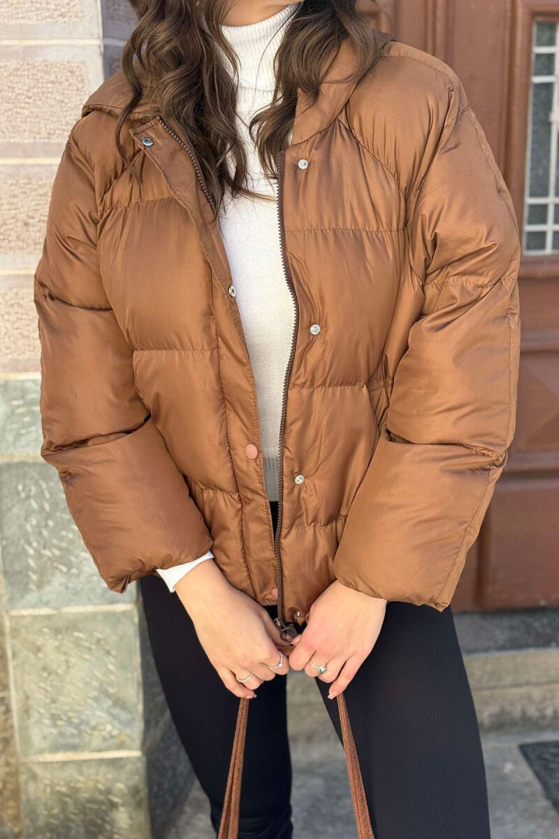 HOOD ZIPPER ONE COLOR WOMAN PUFFER JACKET BROWN/KAFE - 2