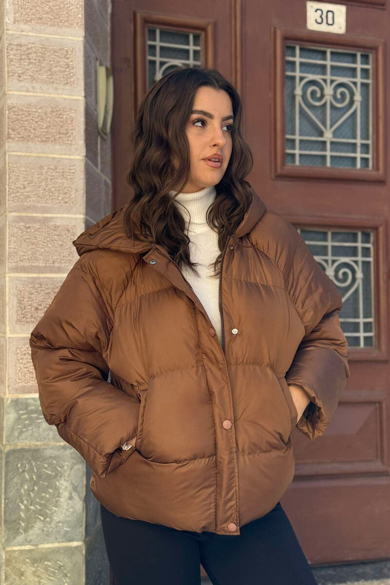 HOOD ZIPPER ONE COLOR WOMAN PUFFER JACKET BROWN/KAFE - 5