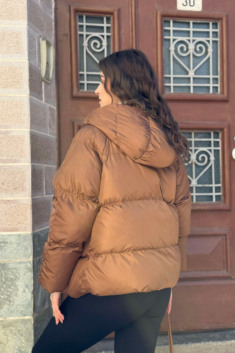 HOOD ZIPPER ONE COLOR WOMAN PUFFER JACKET BROWN/KAFE - 6